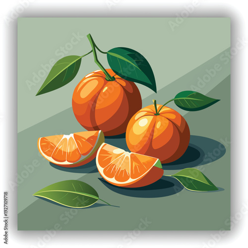 A high-angle shot presents a still life composition of tangerines against a transparent backdrop. The primary subject features two whole tangerines and several detached segments. One tangerine is peel