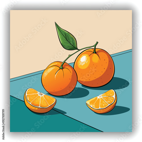 A high-angle shot presents a still life composition of tangerines against a transparent backdrop. The primary subject features two whole tangerines and several detached segments. One tangerine is peel