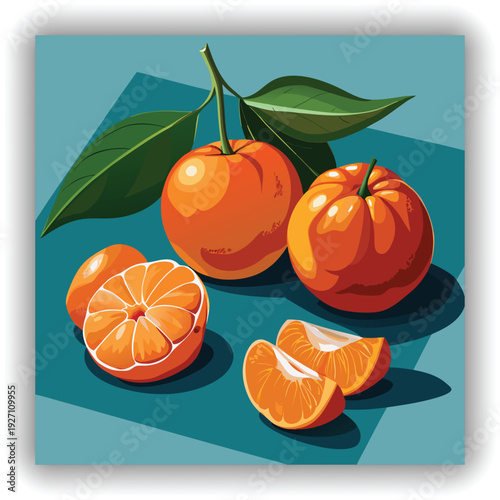 A high-angle shot presents a still life composition of tangerines against a transparent backdrop. The primary subject features two whole tangerines and several detached segments. One tangerine is peel