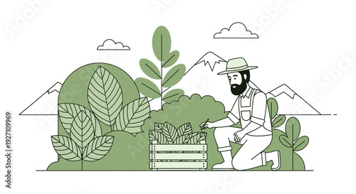 Farmer harvesting crops in a lush green field with mountains.