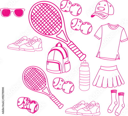 Collection of pink line art icons illustrating essential gear and apparel necessary for playing an engaging game of tennis outdoors during summer sports activities