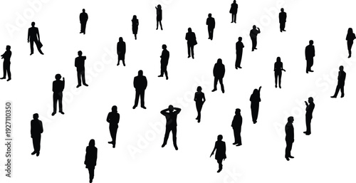 Large group of people silhouettes standing in crowd, diverse community collection, black vector figures, social gathering icon set, human audience, pedestrian 