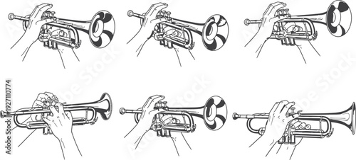 Six different views of trumpets isolated on transparent background
