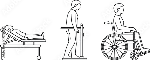 Medical rehabilitation line art set, patient recovery process including hospital bed walking bars and 