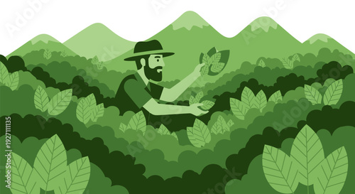 Farmer working in a lush green tea plantation with mountains in the background.