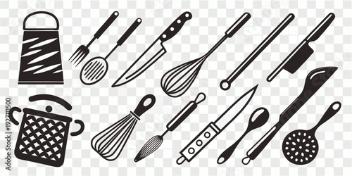 A collection of various black silhouettes of kitchen utensils, arranged in rows and columns against a transparent, checkered background. The utensils include forks, knives, spatulas, spoons, a whisk, 
