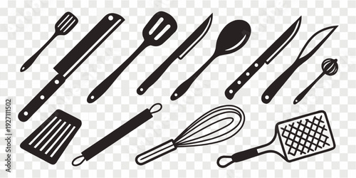 A collection of various black silhouettes of kitchen utensils, arranged in rows and columns against a transparent, checkered background. The utensils include forks, knives, spatulas, spoons, a whisk, 