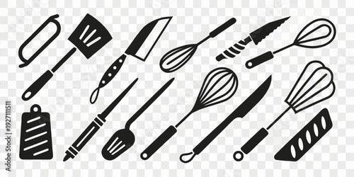 A collection of various black silhouettes of kitchen utensils, arranged in rows and columns against a transparent, checkered background. The utensils include forks, knives, spatulas, spoons, a whisk, 