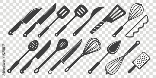 A collection of various black silhouettes of kitchen utensils, arranged in rows and columns against a transparent, checkered background. The utensils include forks, knives, spatulas, spoons, a whisk, 