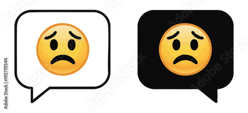 Sad face emoji in speech bubbles, black and white cartoon style illustration