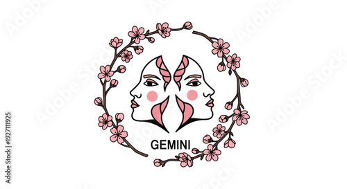 Elegant illustration of a Gemini zodiac sign, featuring dual female faces entwined with delicate floral blossoms