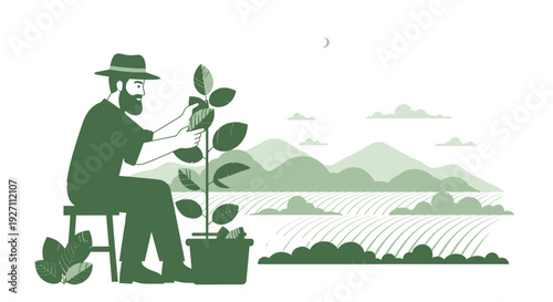 Man tending to a potted plant in a serene landscape.