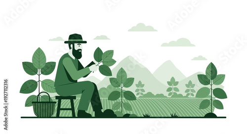 Farmer inspecting plants in a serene agricultural landscape.