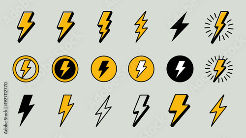 collection of yellow and black lightning bolt graphics on a green background featuring diverse styles for ranking systems and energy icons.