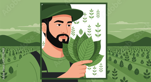 Farmer holding a large green leaf in a lush agricultural field.