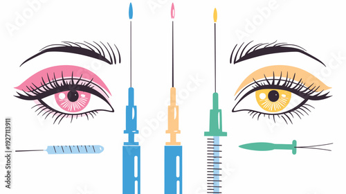 Colorful illustrated image featuring two eyes with eyeshadow and eyelashes, and cosmetic tools