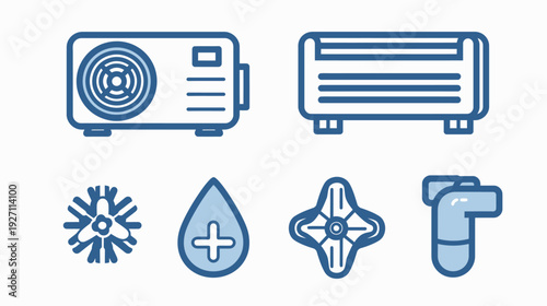 Collection of stylized, simple line-art icons related to various home appliances and elements