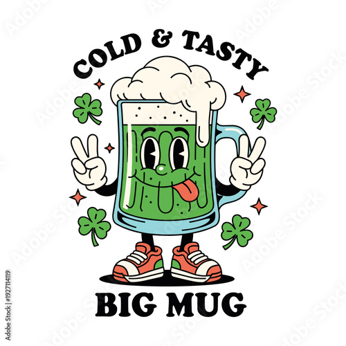 Vintage Cartoon Green Beer Mug Character with Shamrocks for St. Patrick's Day