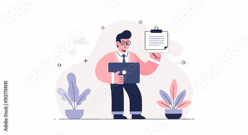 A man in a suit holds a laptop and a clipboard with documents