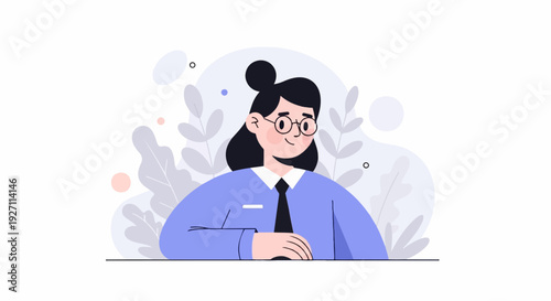 Cheerful woman with hair bun and glasses, wearing a blue blouse and tie