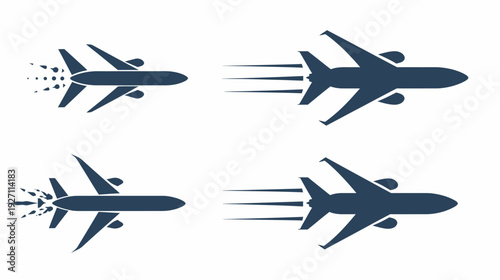 Four stylized silhouettes of airplanes, depicted in flight with varying trails of movement
