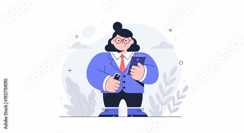 A person in a blue suit and red tie holds a phone and a stylus