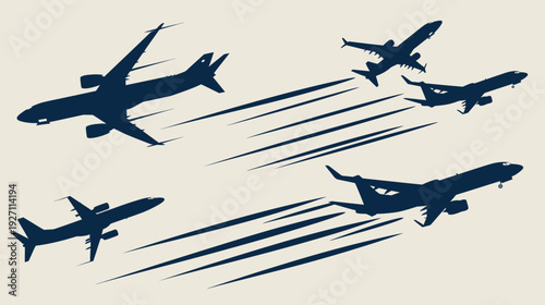 Illustration featuring several dark blue silhouettes of commercial airplanes against a cream backdrop