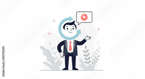 A businessman with a circular arrow around his head and a pie chart in a speech bubble
