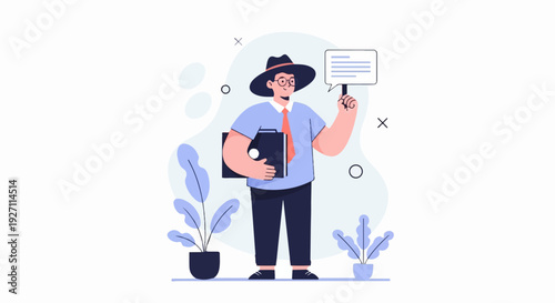 A stylized figure in a hat and glasses holds a folder and a speech bubble