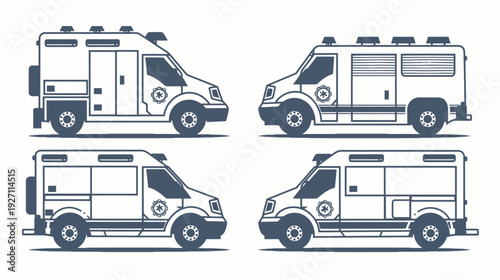 Four stylized illustrations of ambulance vans in a side profile view, with a minimalist design