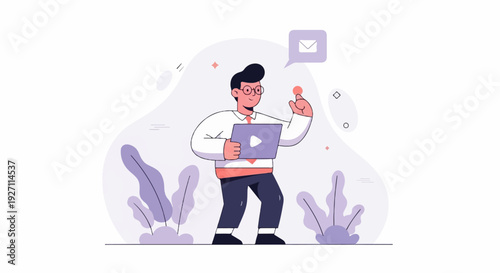 A cartoon man holding a tablet with a play button, with an email icon above him