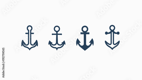 Four stylized, navy blue anchors in a row against a plain white background. Simple nautical design