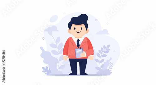 Cheerful cartoon person in a red suit and tie holds a notebook