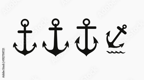 Four black anchor illustrations in different orientations on a white background, nautical-themed