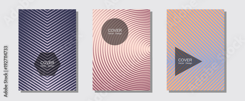 Geometric design templates for banners, covers. Minimal booklets. Halftone lines music poster background. Scientific style mix. Halftone brochure lines geometric design set.
