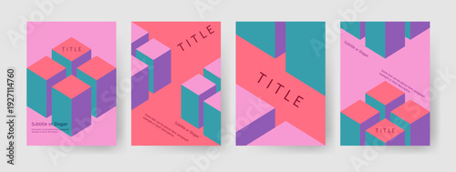 Geometric 3D cube pattern cover template for business flyer layout design. Science technology engineering publication print media content. Volume shape and form perspective shadow depth.