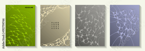 Biotechnology and neuroscience vector covers with neuron cells structure. Linked curve lines surface backgrounds. Delicate notebook vector layouts. Microbiology science covers.