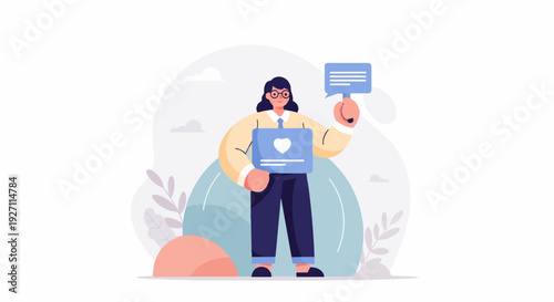 A stylized person with glasses holds a laptop with a heart symbol and a speech bubble