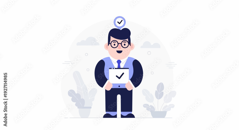 Fototapeta premium Cheerful man in suit holding a document with a checkmark, surrounded by plants and clouds
