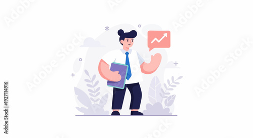 Confident businessman holding tablet, a speech bubble with an upward trending graph