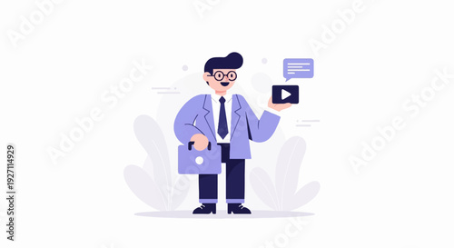 Professional holding a video play button icon with a briefcase and chat bubble