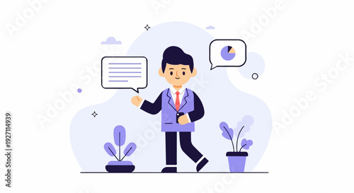 Cartoon man in suit presents data and text via speech bubbles