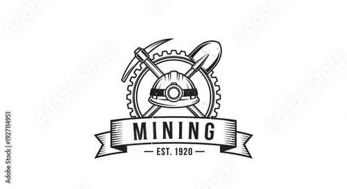 Mining industry logo with tools and gear, established in 1920.