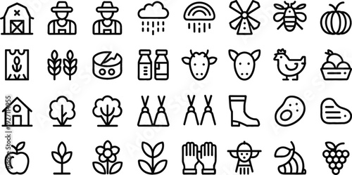 Farm and Agriculture Line Icons Set Including Crops Animals Farmer Weather Tools and Organic Food Symbols for Rural and Farming Concepts Vector Illustration