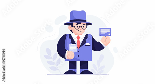 A person in a hat and suit holding informational cards