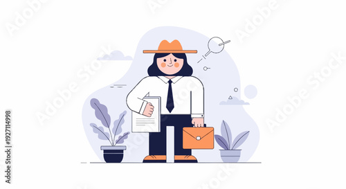 Flat illustration of a person in a hat with a briefcase and clipboard