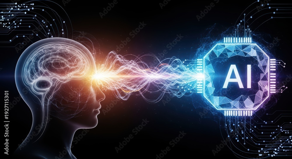 Obraz premium Human brain connected to artificial intelligence technology.