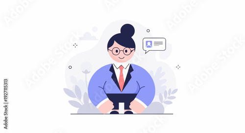 A professional woman with a bun hairstyle, glasses, and a suit, communicates via chat