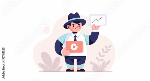 Cheerful person in hat holds tablet with play button & chart