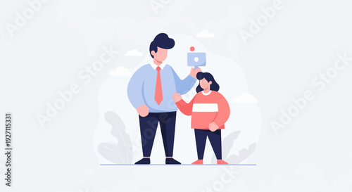 Two stylized figures, one taller than the other, stand side-by-side against a pale background